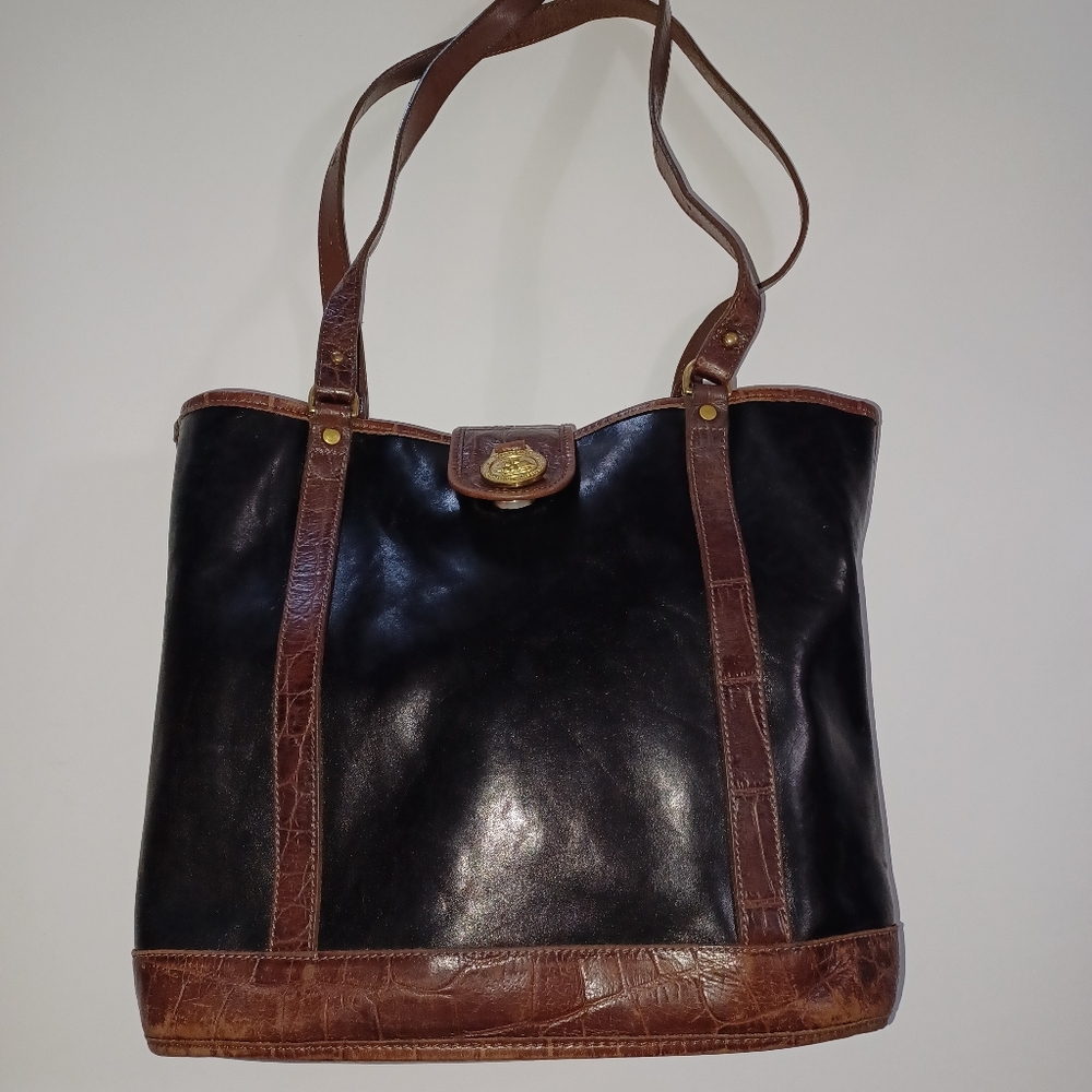 Vintage Brahmin Black and Brown Leather Tote Bag With Coin Purse
